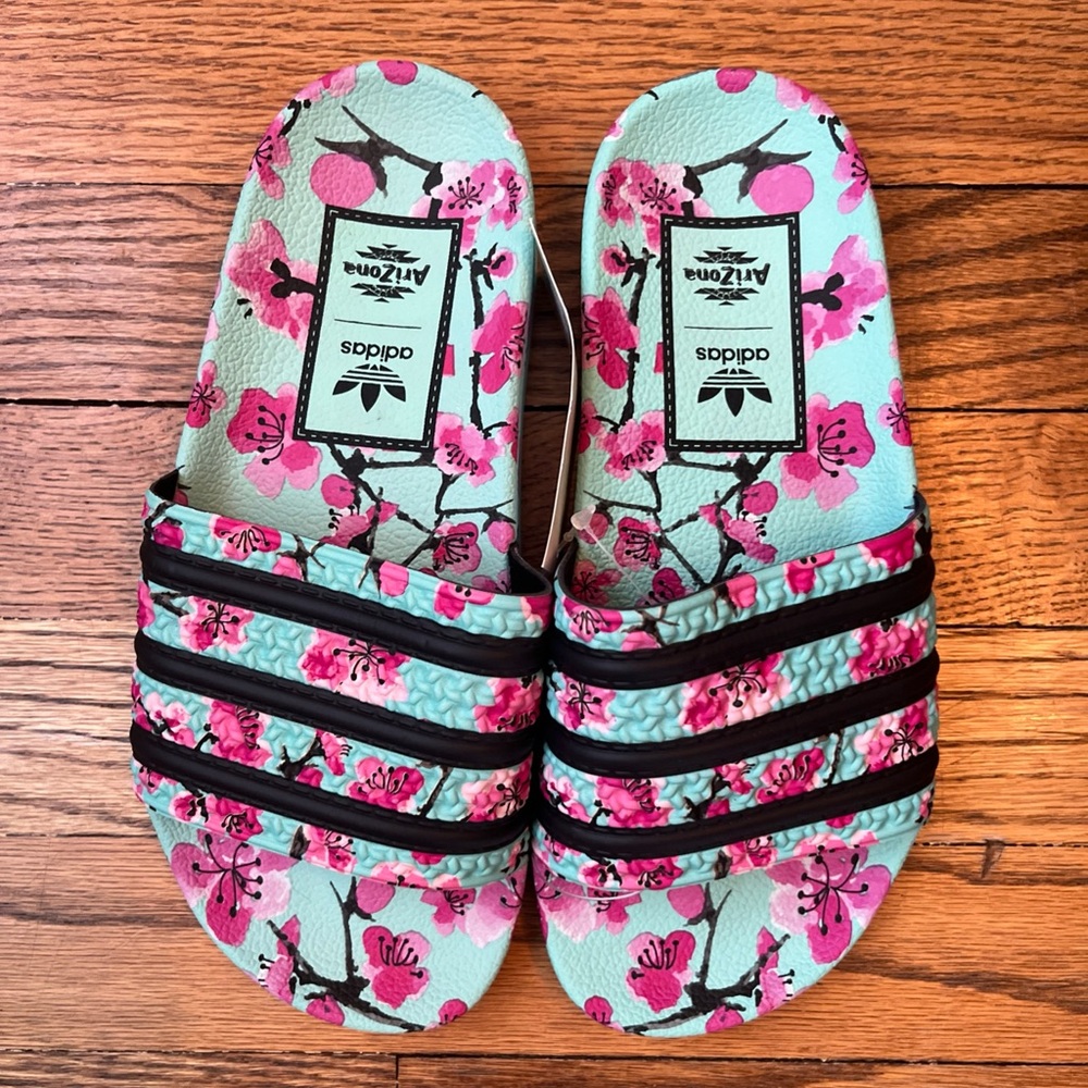 Adidas Floral Aqua and Pink Slides